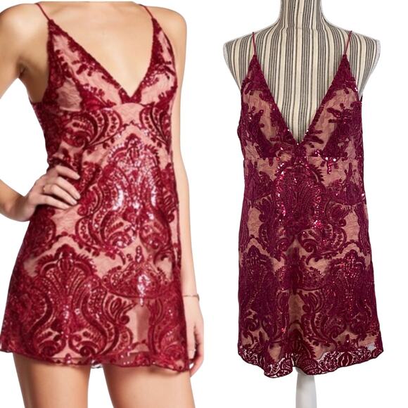 Free People Night Shimmer Raspeberry Sequined V Neck Mini Dress Size 8 - Picture 1 of 9